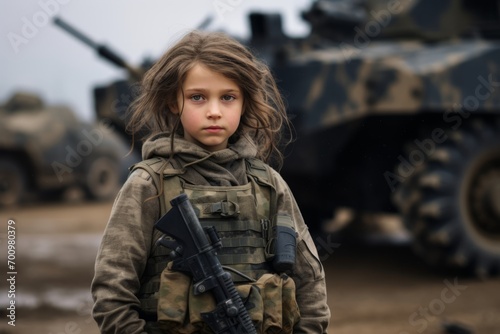 Little girl in military uniform on the background of the military equipment.