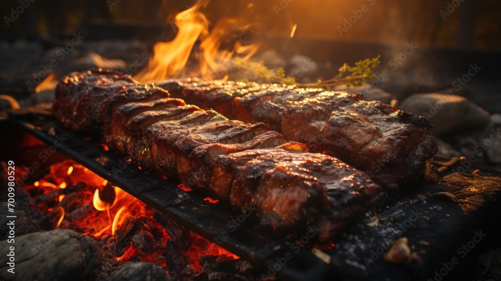 An outdoor photograph of a tasty delightful cow ribs on spit ground fire, ready to be served An outdoor photograph of a tasty delightful cow ribs on spit ground fire, ready to be served