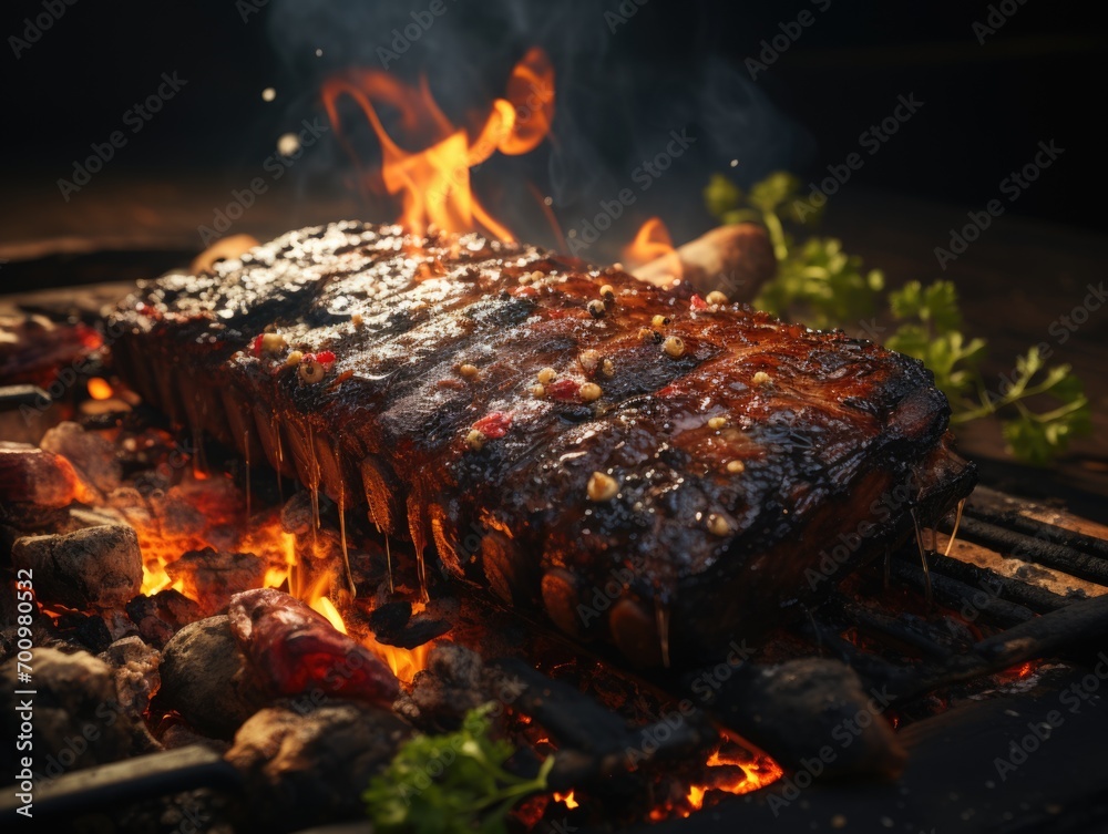 Naklejka premium An outdoor photograph of a tasty delightful cow ribs on spit ground fire, ready to be served