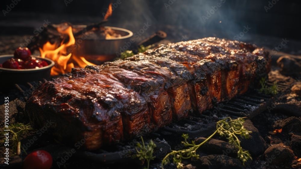 An outdoor photograph of a tasty delightful cow ribs on spit ground fire, ready to be served An outdoor photograph of a tasty delightful cow ribs on spit ground fire, ready to be served