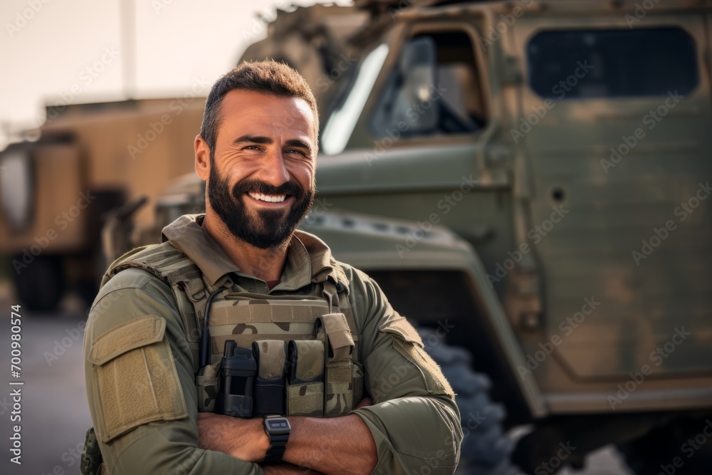 Portrait of a smiling soldier standing in front of an army vehicle