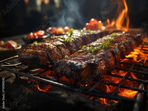 An outdoor photograph of a tasty delightful cow ribs on spit ground fire, ready to be served