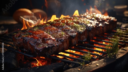 An outdoor photograph of a tasty delightful cow ribs on spit ground fire, ready to be served