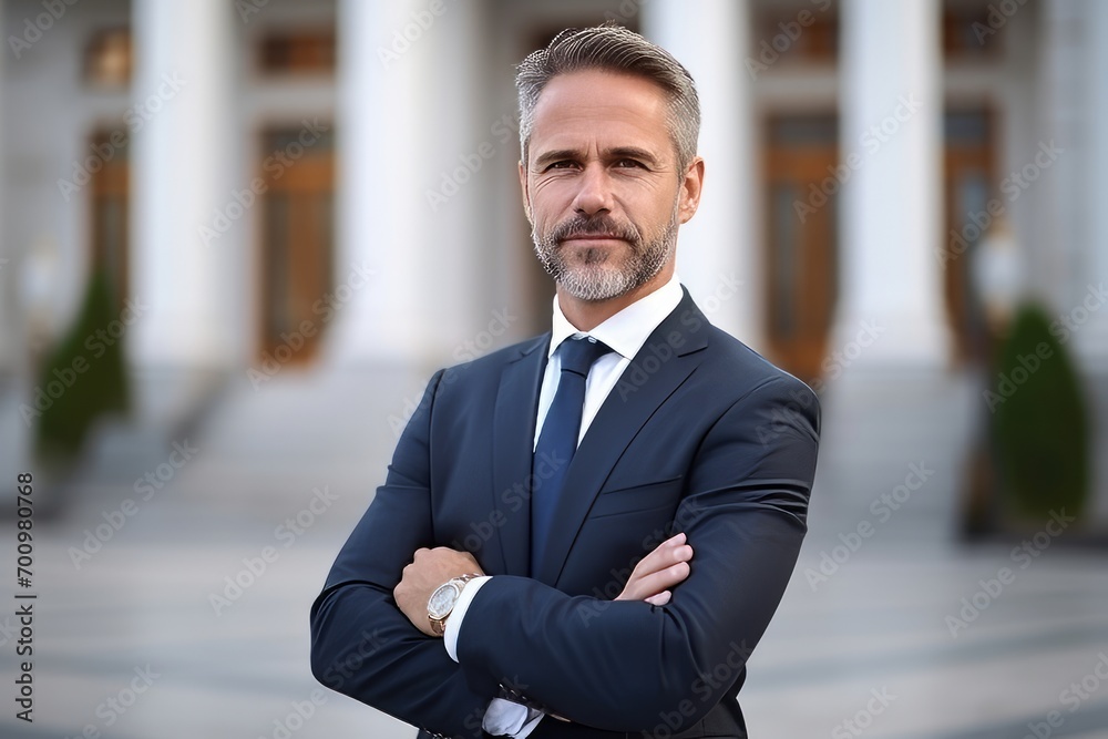 Portrait of mature businessman standing with arms crossed in front of office building Portrait of mature businessman standing with arms crossed in front of office building
