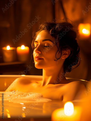 Woman relaxing in a bathtub with candles and foam. 