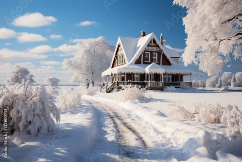 completely snowy rural house 