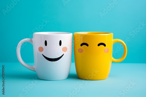 Generative AI image of two coffee cups with smiling faces