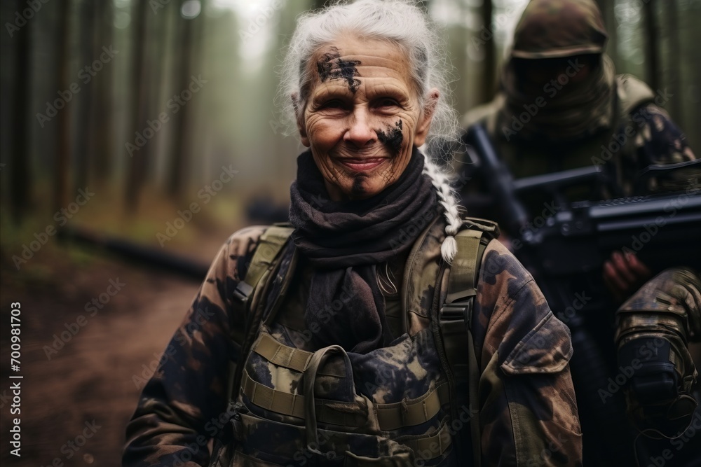 Portrait of an elderly woman with a machine gun in the forest