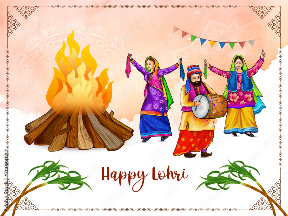 Beautiful Happy Lohri Indian festival celebration greeting card design
