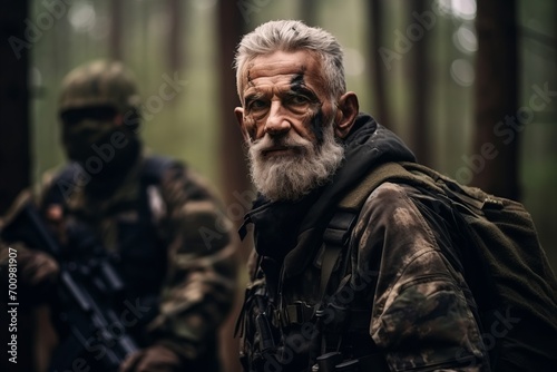 Portrait of a senior soldier with a weapon in the forest.