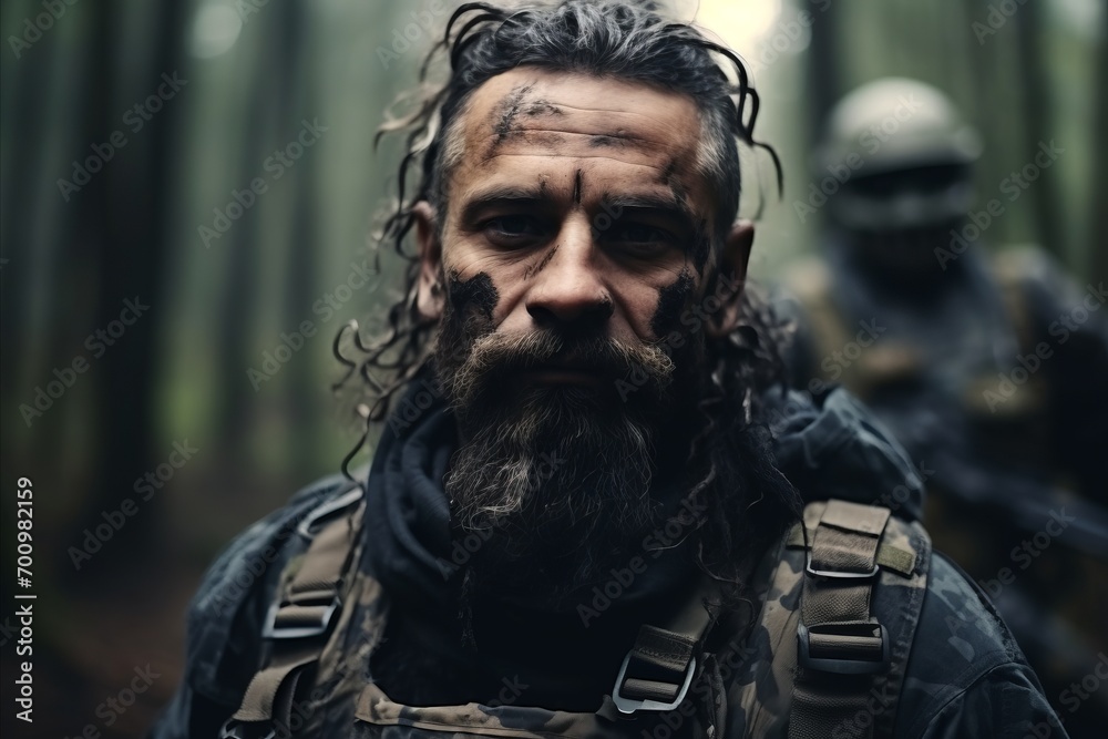 Portrait of a soldier with a long beard and mustache in the forest Portrait of a soldier with a long beard and mustache in the forest