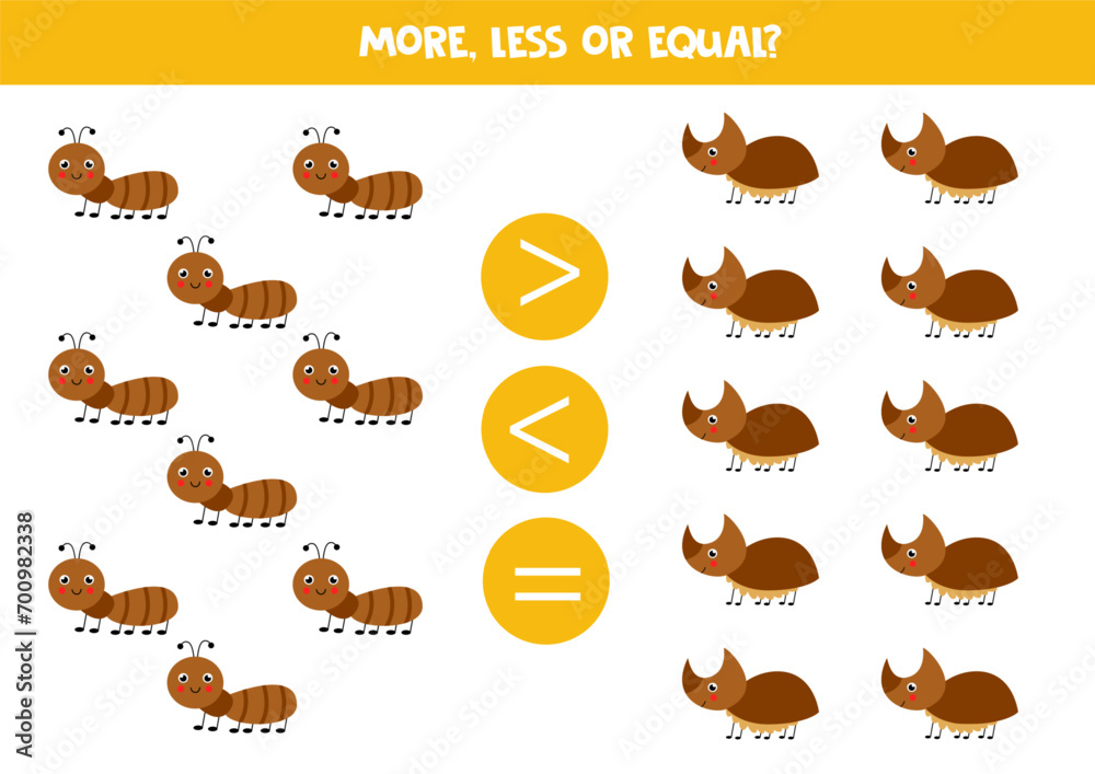 Fototapeta premium Grater, less or equal with cartoon cute insects.