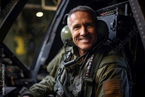 Portrait of mature male pilot in cockpit of helicopter smiling at camera