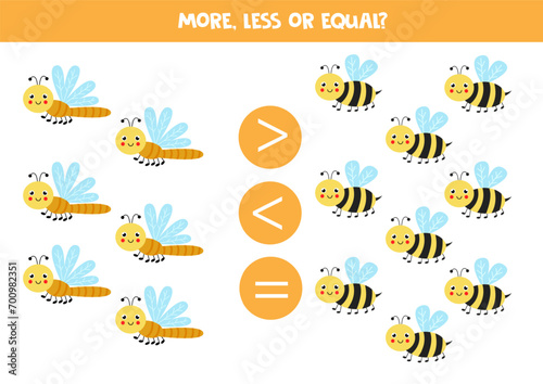 Grater, less or equal with cartoon cute butterflies and bees.