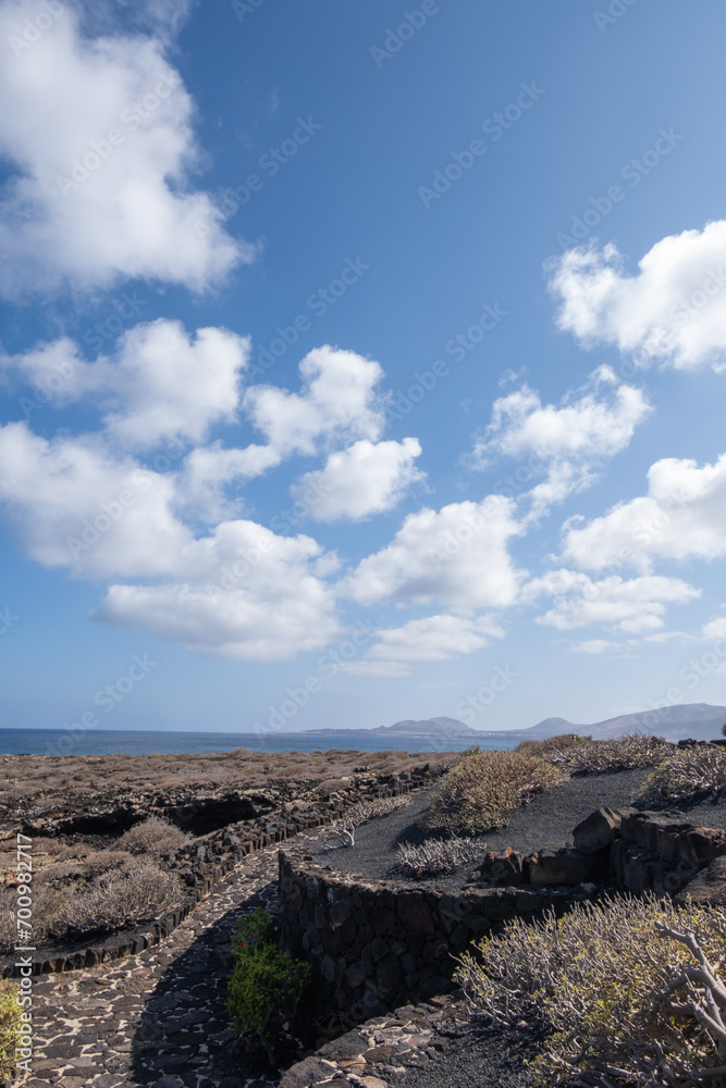 Desert landscape with ocean in the background outside Los Jameos del Agua. Sky with big white clouds. Lanzarote, Canary Islands, Spain.