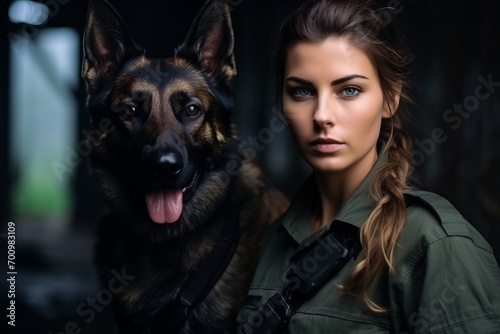 Beautiful young woman with a German shepherd dog on the dark background