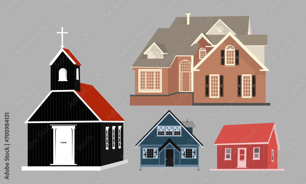 Houses in the city. Building, real estate, cottage, villa. Architecture Vector illustrations. 3d modern houses. Cartoon and suburban houses set.