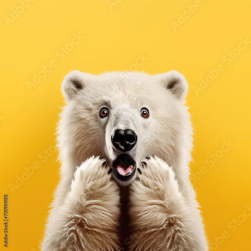 Polar bear looking surprised, reacting amazed, impressed, standing over yellow background