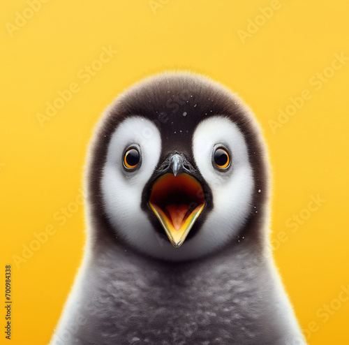 Penguin looking surprised, reacting amazed, impressed, standing over yellow background