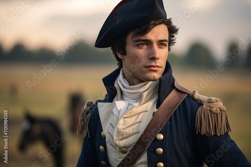 Portrait of a young man dressed as a French soldier with horses in the background