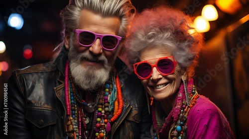 Portrait of Elderly Man and Woman Reflecting Youth Subculture Traditions in Punk Attire, 16:9