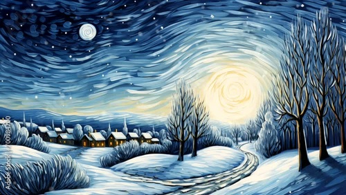 An animated painted picture showing a winter landscape. . Generative AI. Loop video.