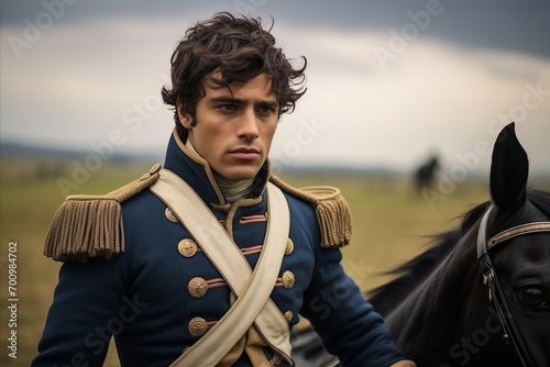 Portrait of a young man in military uniform on horseback. photo