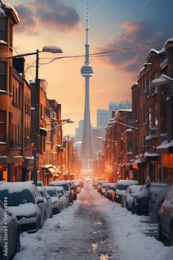 completely snowy modern city
