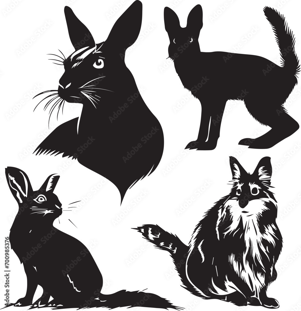Black Silhouette of Animals on white background 