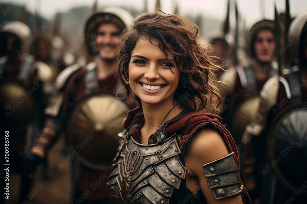 Portrait of a beautiful young woman in medieval armor on the background of a group of knights