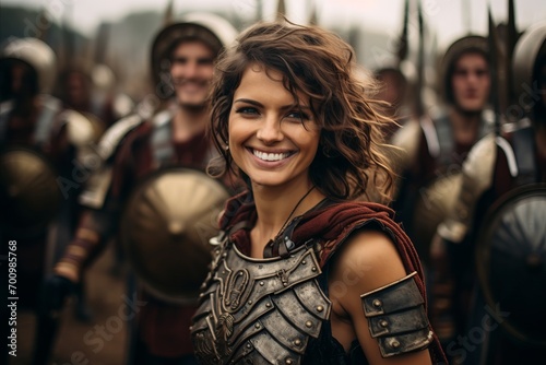 Portrait of a beautiful young woman in medieval armor on the background of a group of knights
