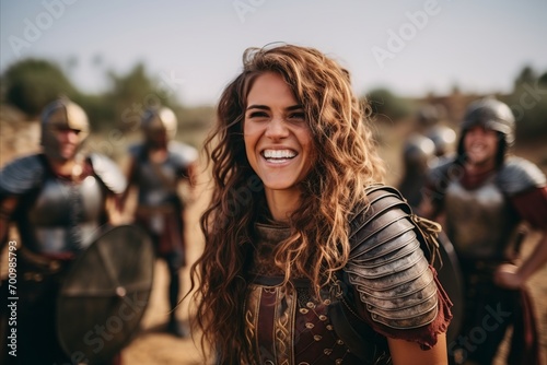 Portrait of smiling girl in medieval armor with friends on background.