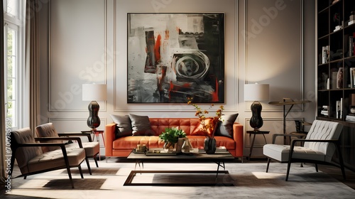 Classic-contemporary gallery-inspired living room with curated wall art and sculptures photo