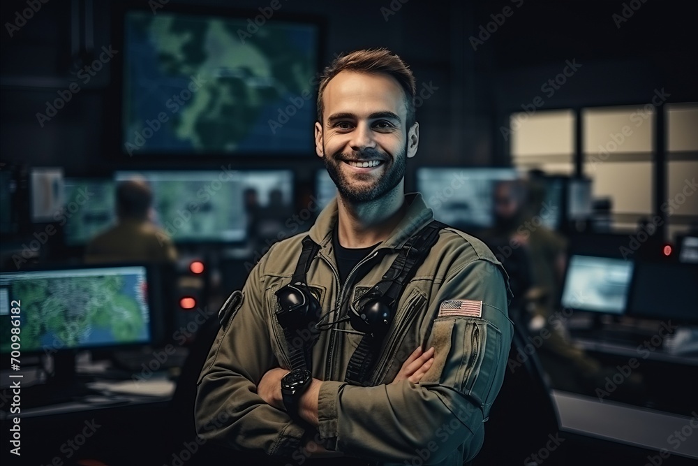 Portrait of a confident security guard standing with arms crossed in surveillance room Portrait of a confident security guard standing with arms crossed in surveillance room