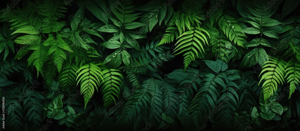 Dark green tropical fern leaves background, Panoramic backdrop. nature concept