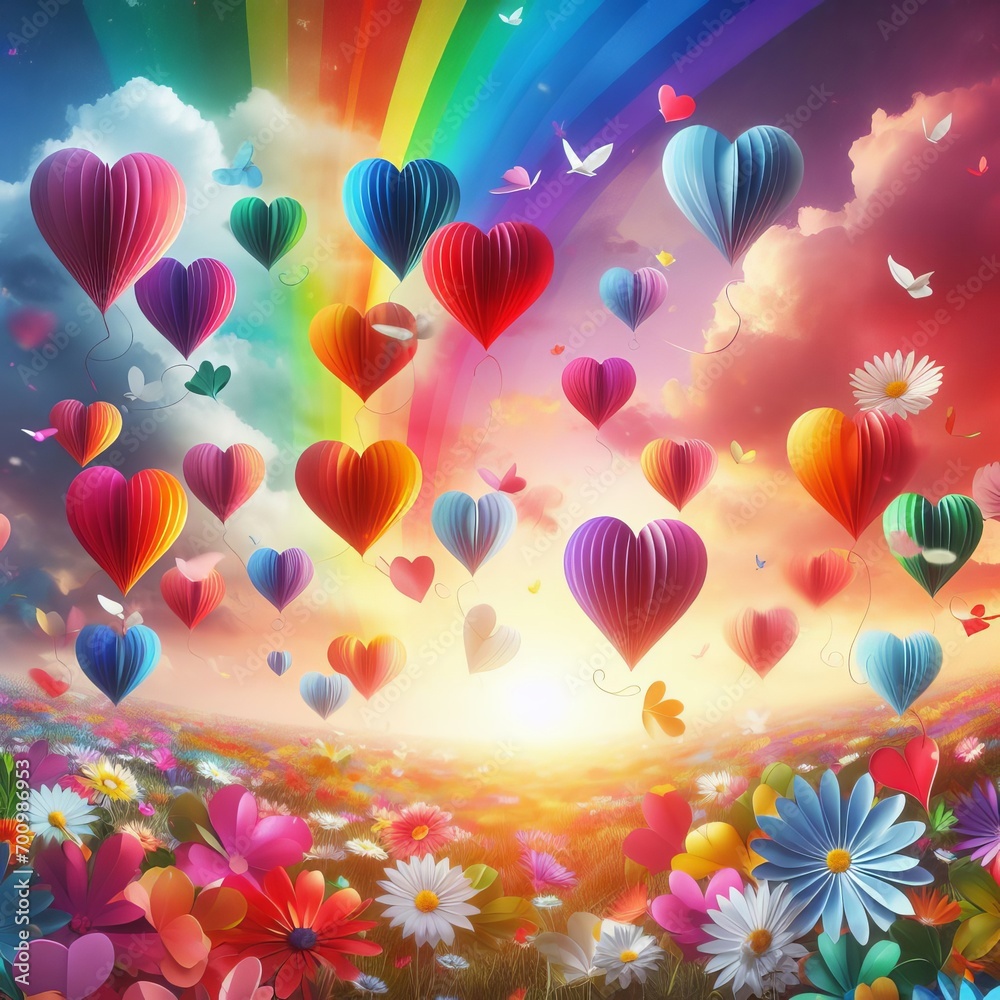 hearts in a colorful cloudy sky, romantic landscape, paper cut hearts art