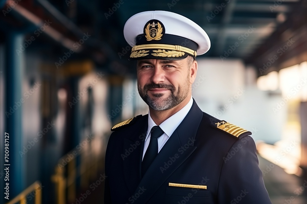 Portrait of a handsome pilot in uniform standing in a train station - obrazy, fototapety, plakaty 
