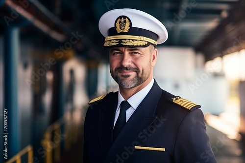 Portrait of a handsome pilot in uniform standing in a train station photo