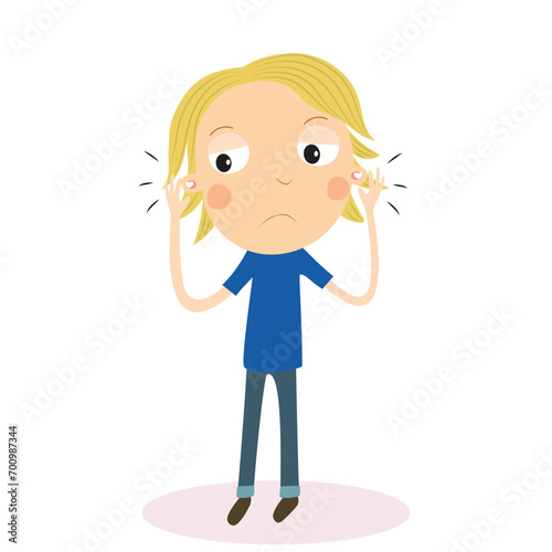 Blonde boy with ear pain. Vector Illustration.