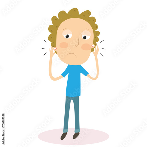 Curly hair boy with ear pain. Vector Illustration.