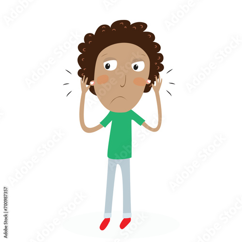 Funny boy with ear pain. Vector Illustration.