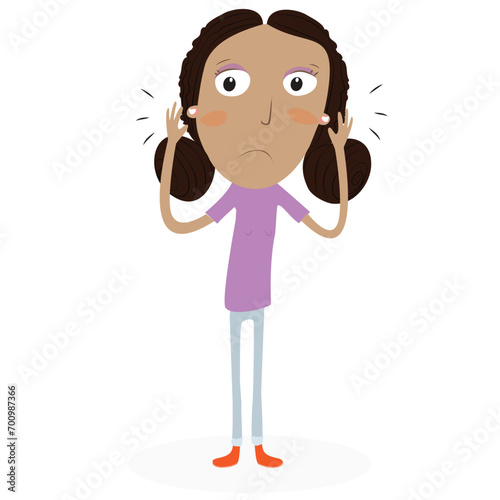 Funny girl with ear pain. Vector illustration.