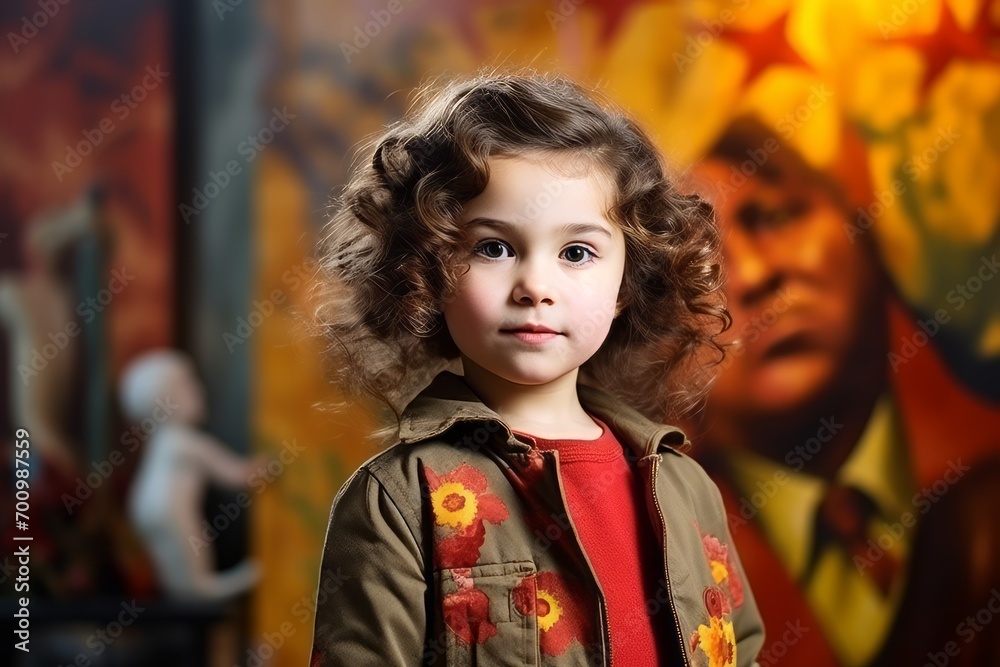 Portrait of a cute little girl with curly hair in the interior