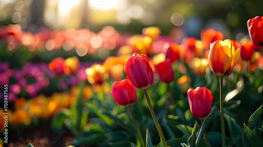 colorful tulip field with selective focus - obrazy, fototapety, plakaty 