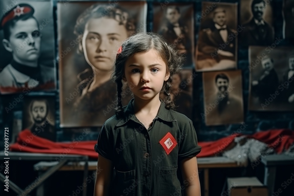 Cute little girl in military uniform with portraits of soldiers in the background