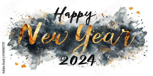 Happy New Year 2024 with calligraphic and brush painted with sparkles and glitter text effect. Vector watercolor illustration for new year's eve and chinese new year resolutions and happy wishes 