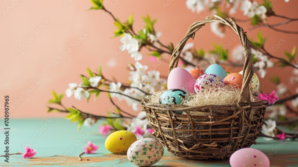 Happy Easter decoration background, Easter eggs over pastel peach fuzz background. Easter day Happy Easter decoration background, Easter eggs over pastel peach fuzz background. Easter day