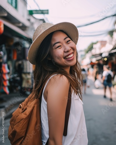 Smiling Asian Backpacker Enjoying the Market Streets. Generative AI. © Tuyres