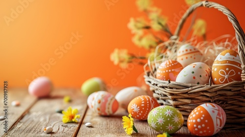 Happy Easter decoration background , colorful Easter eggs over pastel background. Easter day