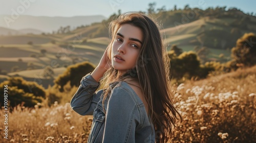  Serene Young Woman in Denim Enjoying Sunset in Golden Field. Generative AI.